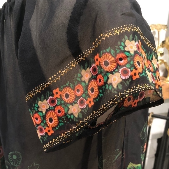 Anthropologie FEI Hibiscus Floral Pattern Sheer Silk Black Peasant Blouse M - Picture 8 of 11